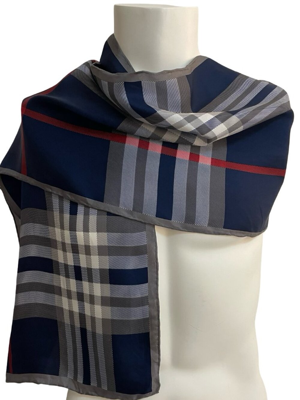 Elegant Plaid Silk-Feel Scarf Navy Grey Red Oblong Classic Pattern